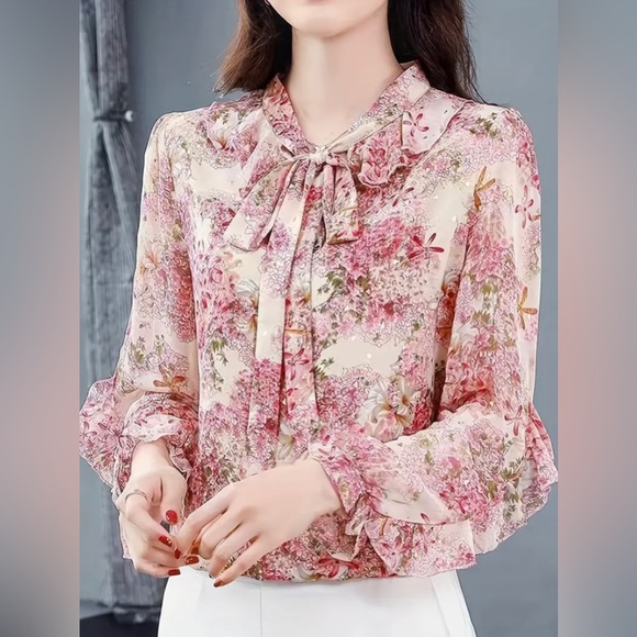 Floral Print Ruffle Trim Blouse, Elegant Tie Neck Long Sleeve Blouse - Picture 2 of 5